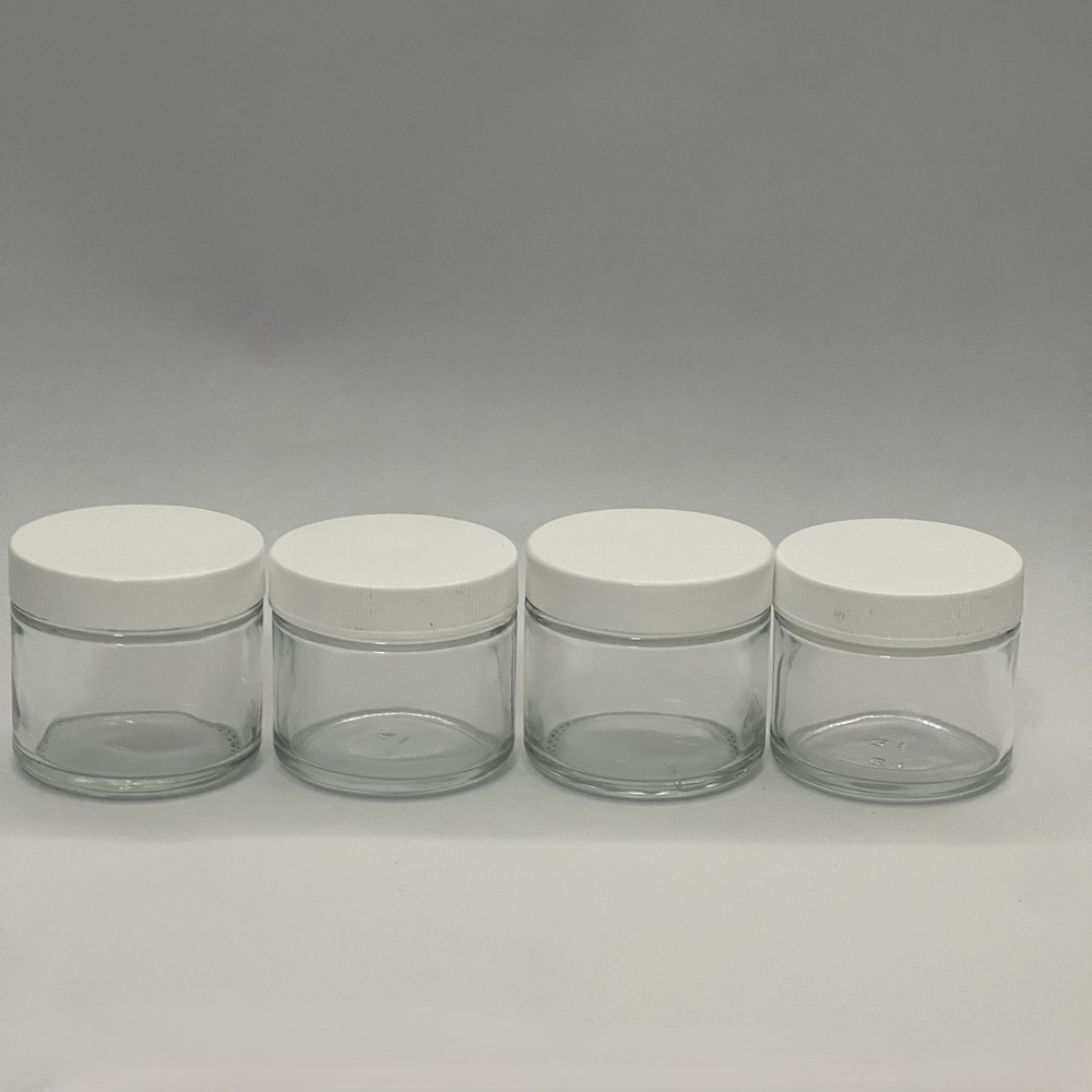 Empty Glass Storage Containers Jars Clear White Lids 2" high Lot of 4